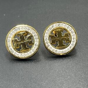 Tory Burch Miller Pavé Stud Gold Plated White Enamel Crystal Round Earrings